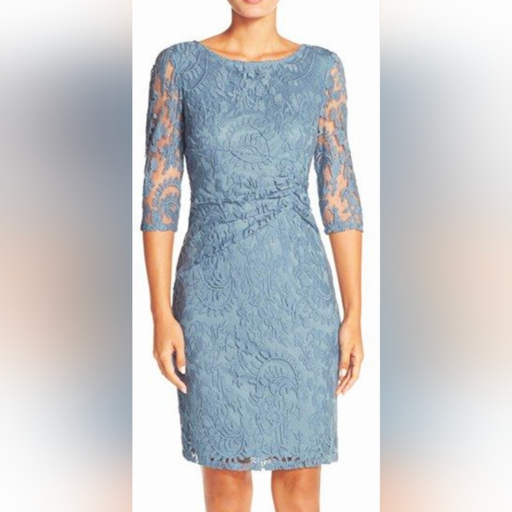 EUC... Adrianna Papell Ruched Blue Lace Sheath Dress Size 4